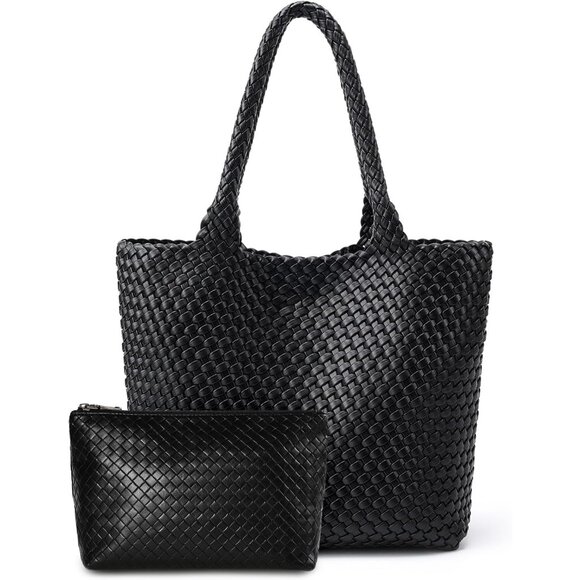 Chic Vegan Leather Woven Tote Bag with Matching Clutch - Large Stylish Accessory - Picture 1 of 6
